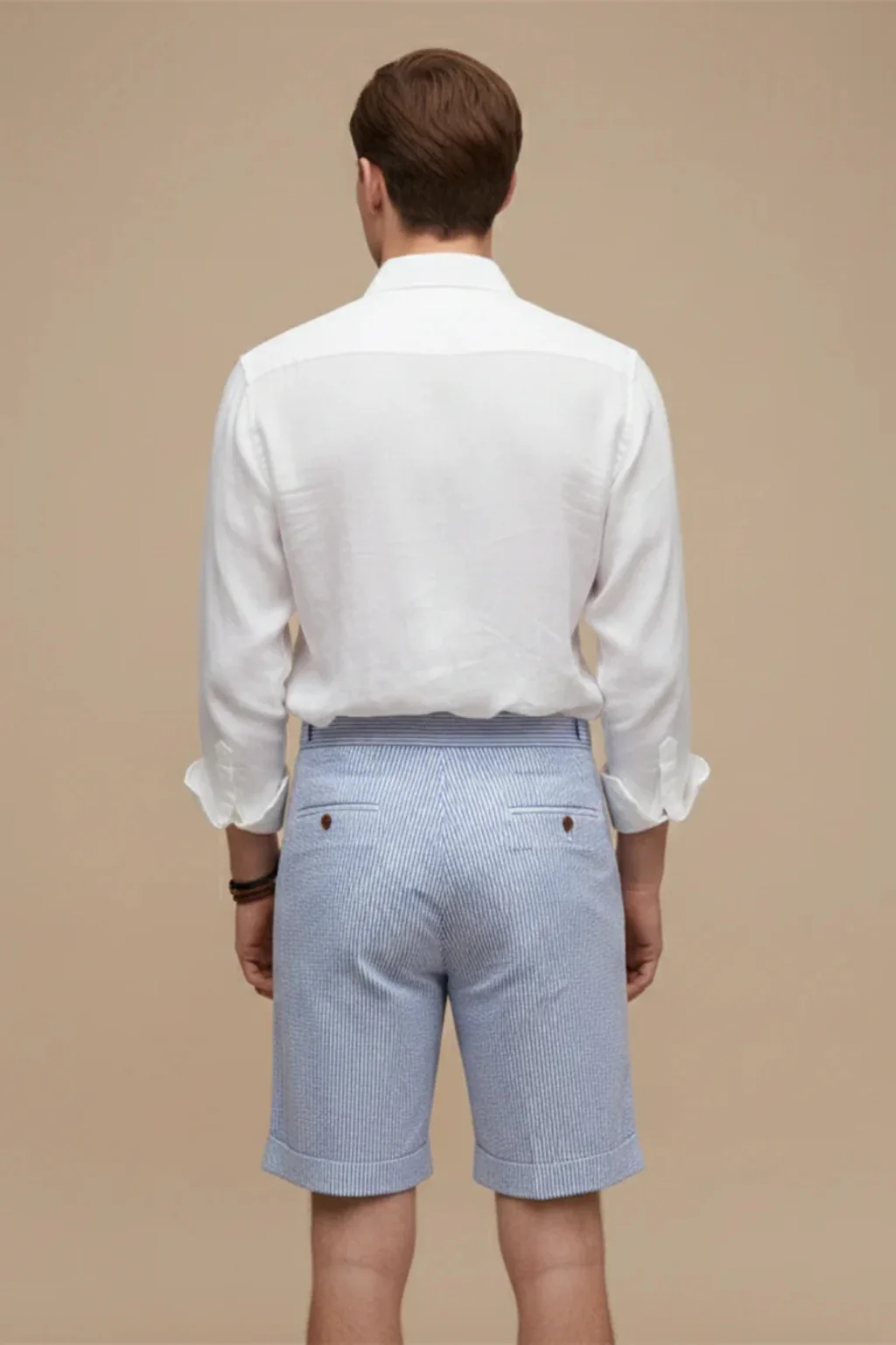 Scott | Men High Waist Striped Seersucker Pleated Turn Up Hem Chino Shorts - Image 4