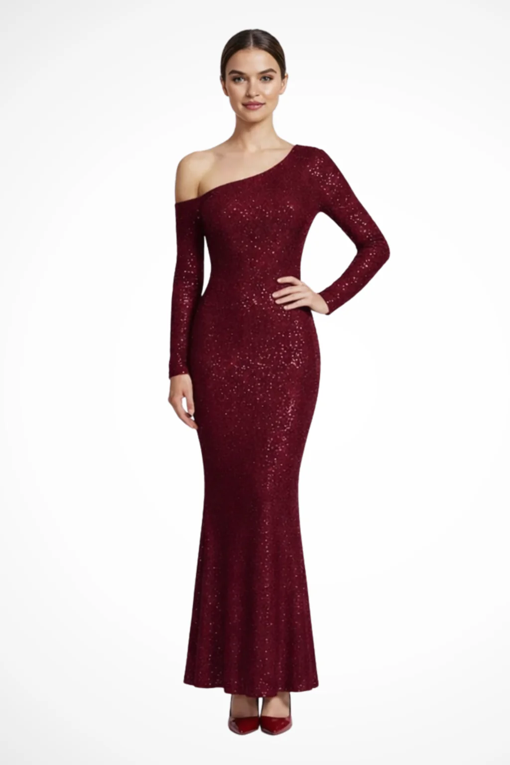 Serena | Women Blue Sequin One Shoulder Long Sleeve Wedding Guest Maxi Dress
