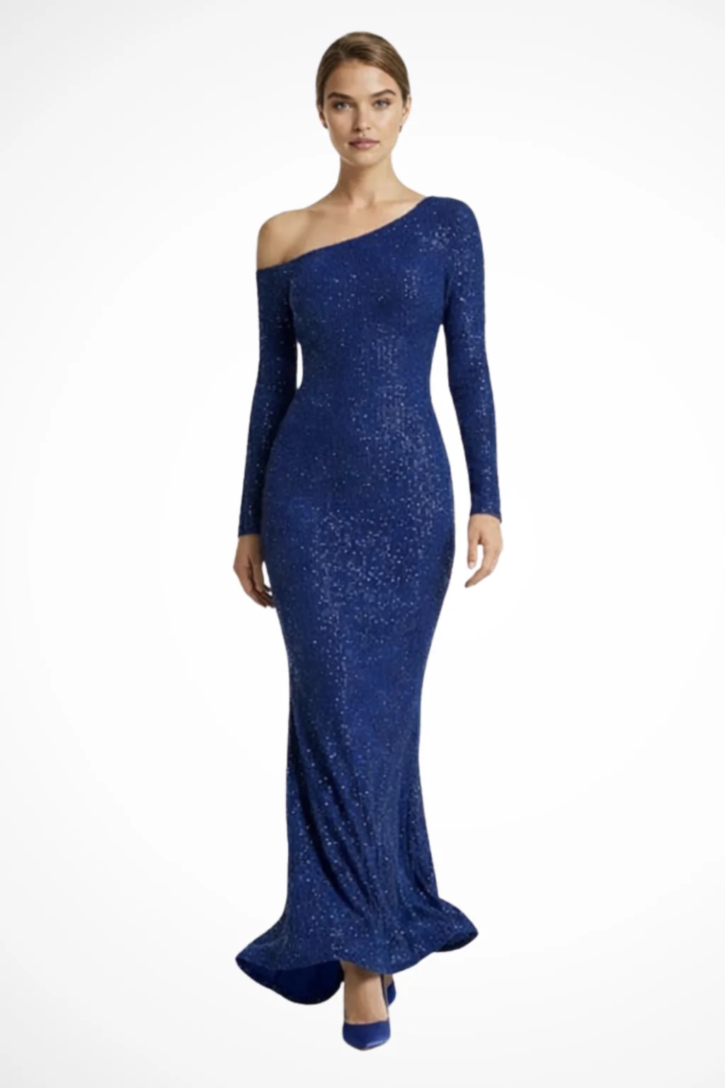 Serena | Women Blue Sequin One Shoulder Long Sleeve Wedding Guest Maxi Dress - Image 4