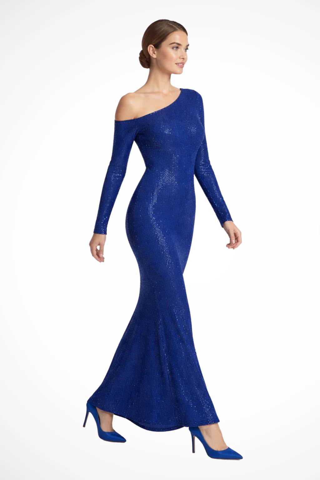 Serena | Women Blue Sequin One Shoulder Long Sleeve Wedding Guest Maxi Dress - Image 5