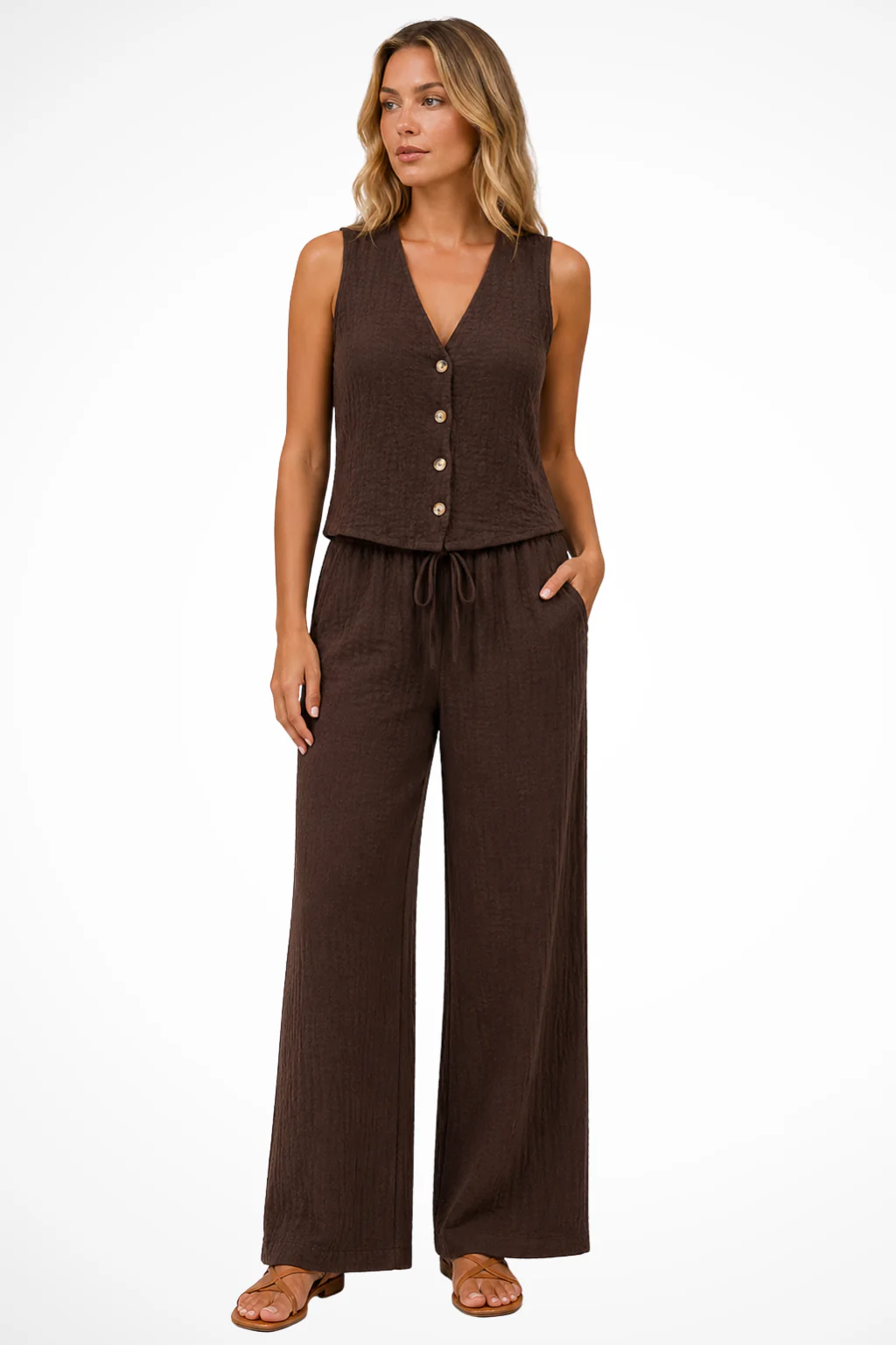 Sidonie | Women V Neck Button Waistcoat and Wide Leg Trousers Linen Co Ord Set - Image 3