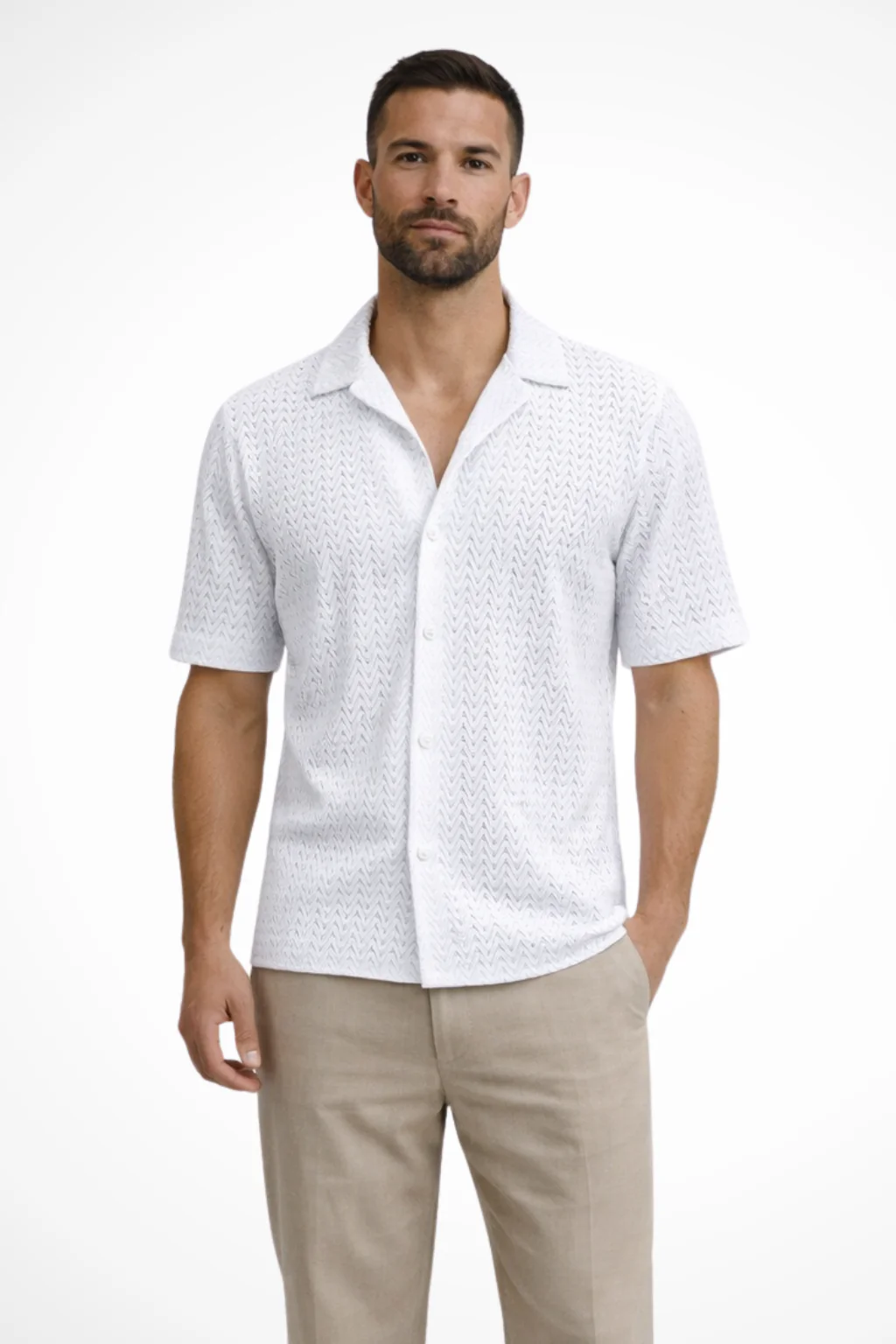 Solano | Men Short Sleeve Open Collar Chevron Textured Summer Shirt - Image 3