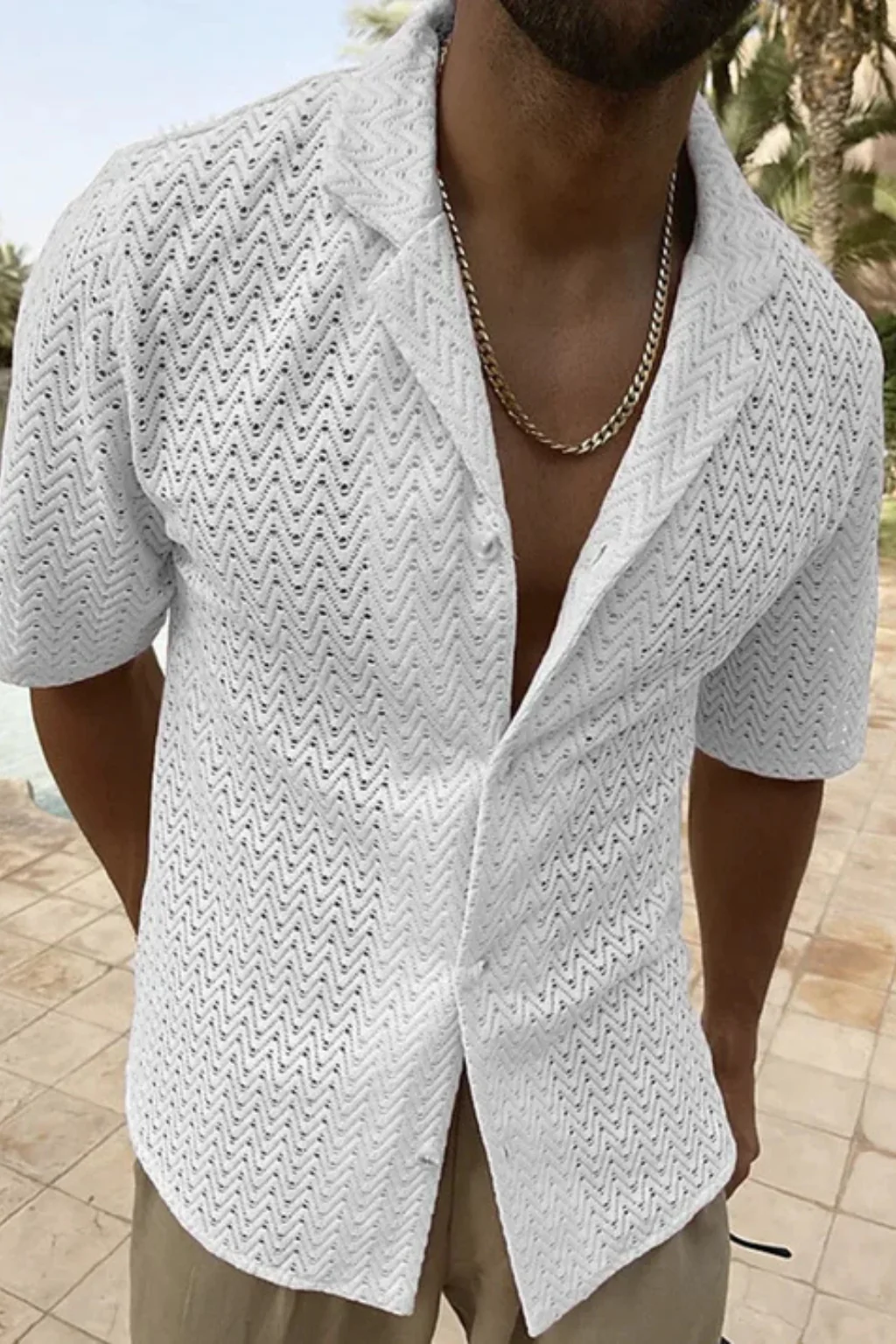 Solano | Men Short Sleeve Open Collar Chevron Textured Summer Shirt - Image 4