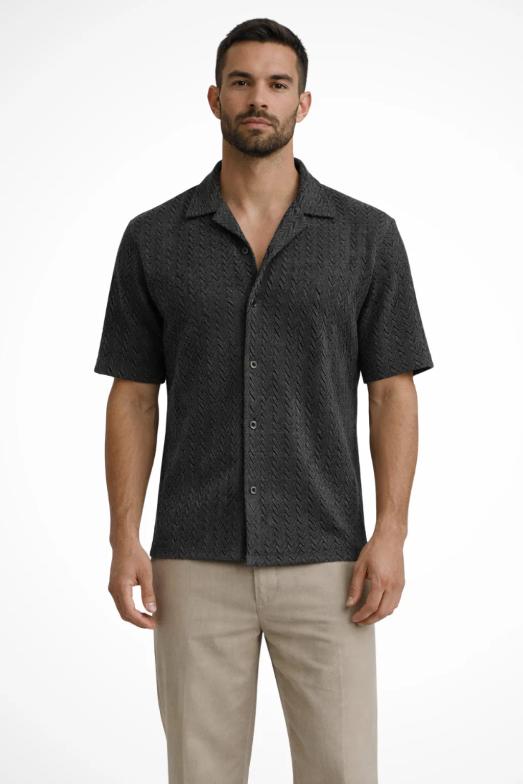 Solano | Men Short Sleeve Open Collar Chevron Textured Summer Shirt - Image 5