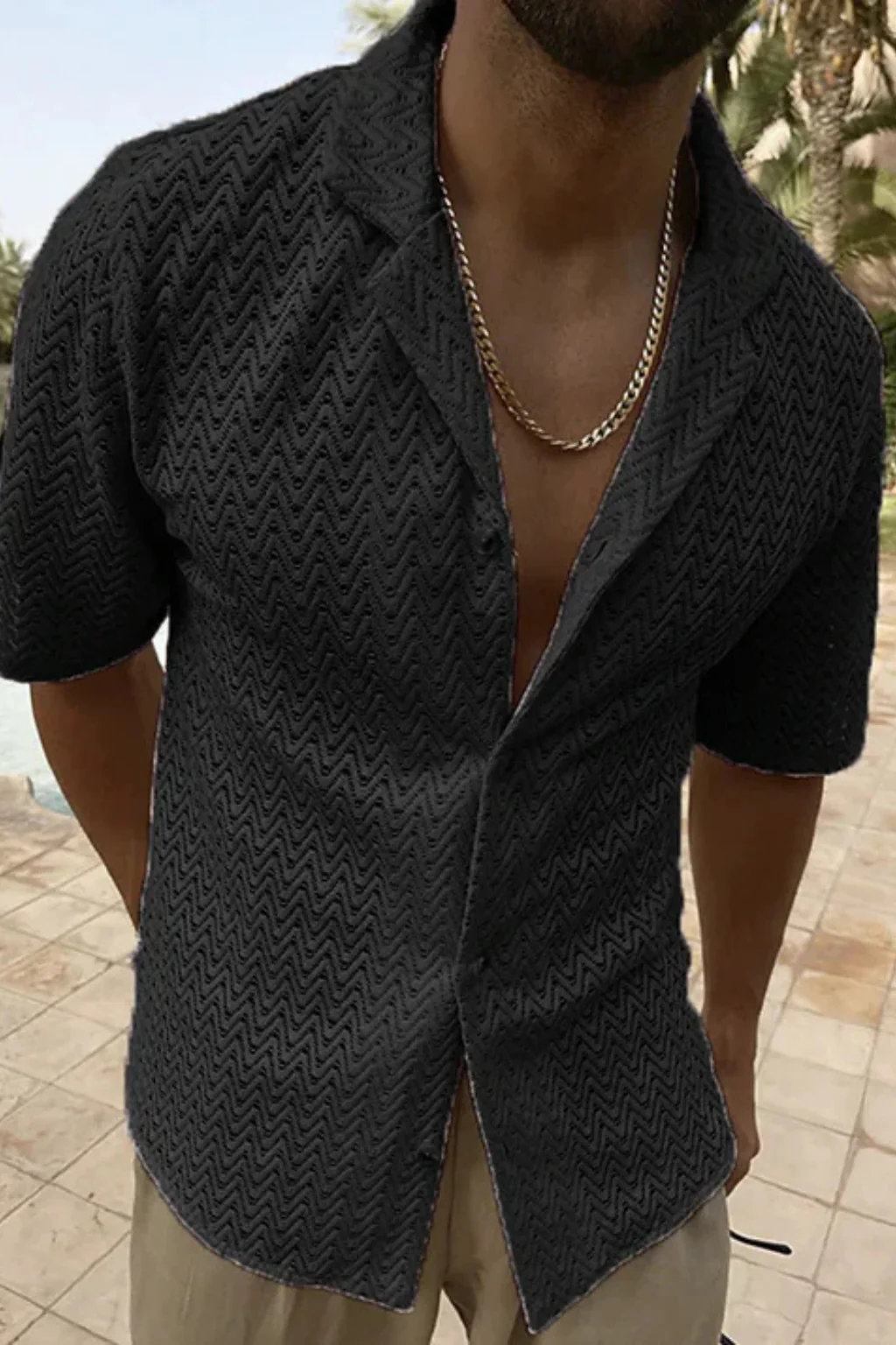 Solano | Men Short Sleeve Open Collar Chevron Textured Summer Shirt - Image 6