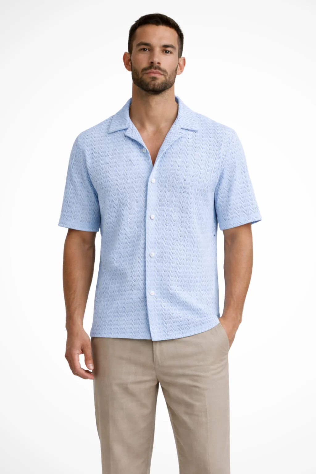 Solano | Men Short Sleeve Open Collar Chevron Textured Summer Shirt - Image 7