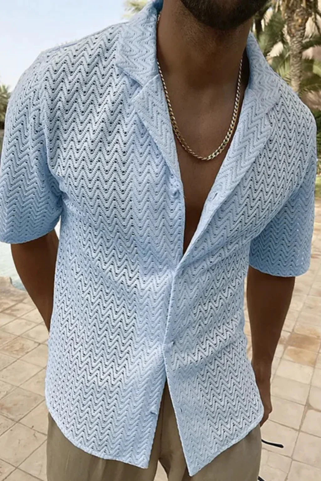 Solano | Men Short Sleeve Open Collar Chevron Textured Summer Shirt - Image 8