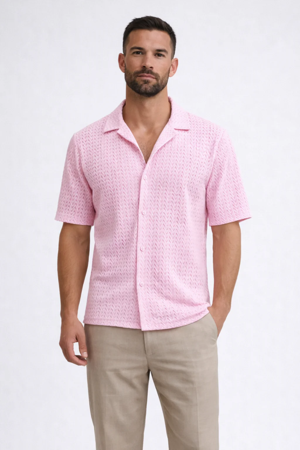 Solano | Men Short Sleeve Open Collar Chevron Textured Summer Shirt - Image 9