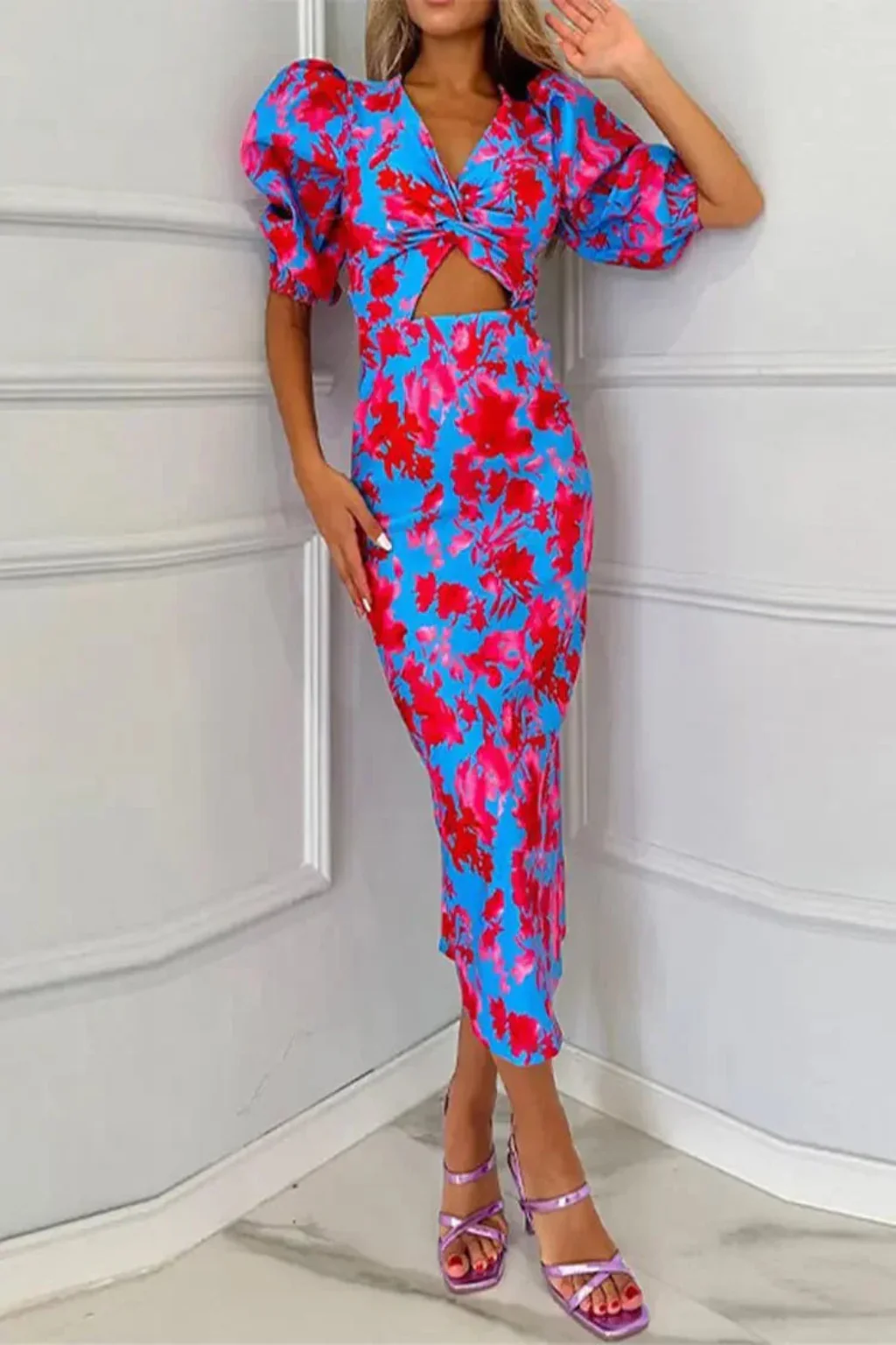 Sophia | Women Printed Puff Sleeve Occasion Summer Midi Dress -Test - Image 7
