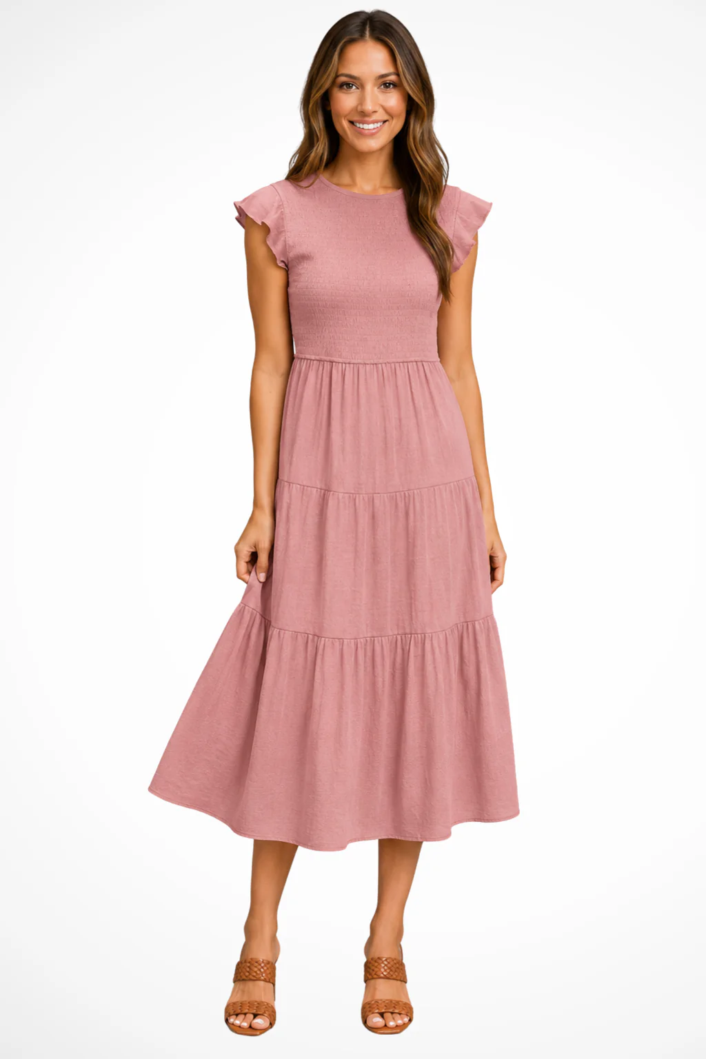 Tabitha | Women Flutter Sleeve Shirred Tiered Summer Midi Dress - Image 2
