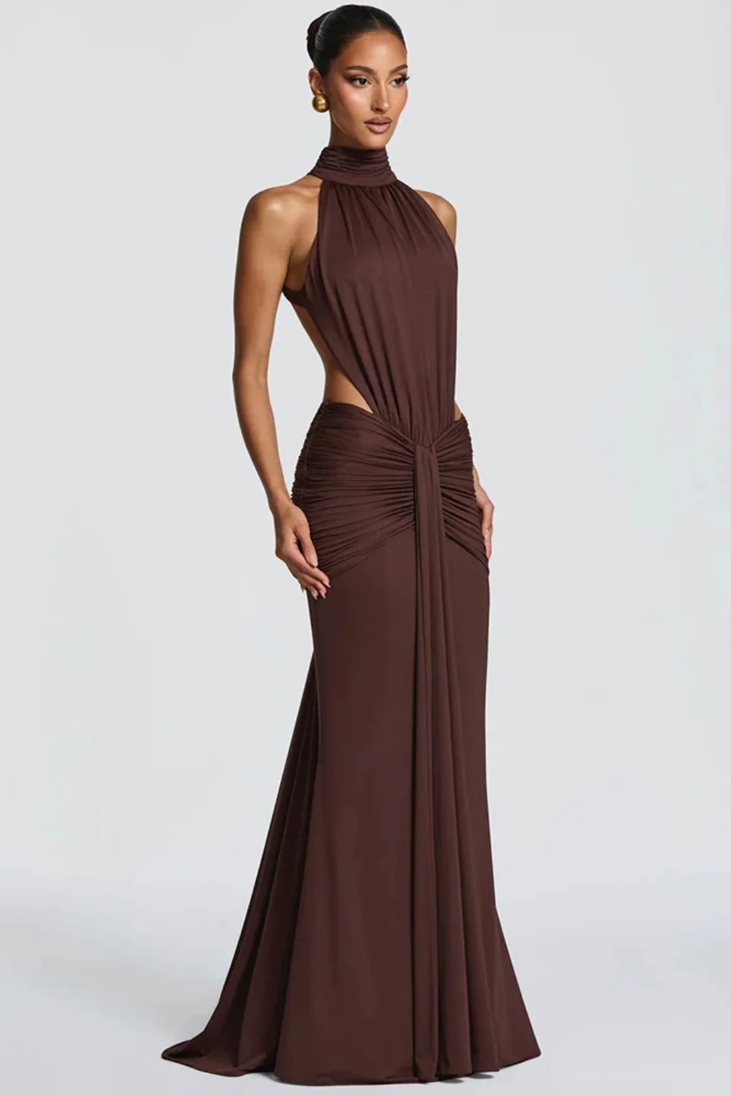 Theodora | Women Halter Neck Backless Ruched Bodycon Weddign Guest Maxi Dress - Image 3