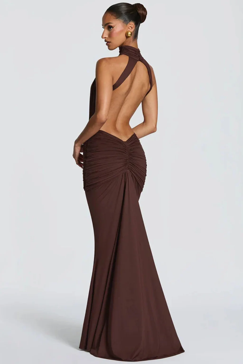 Theodora | Women Halter Neck Backless Ruched Bodycon Weddign Guest Maxi Dress - Image 4