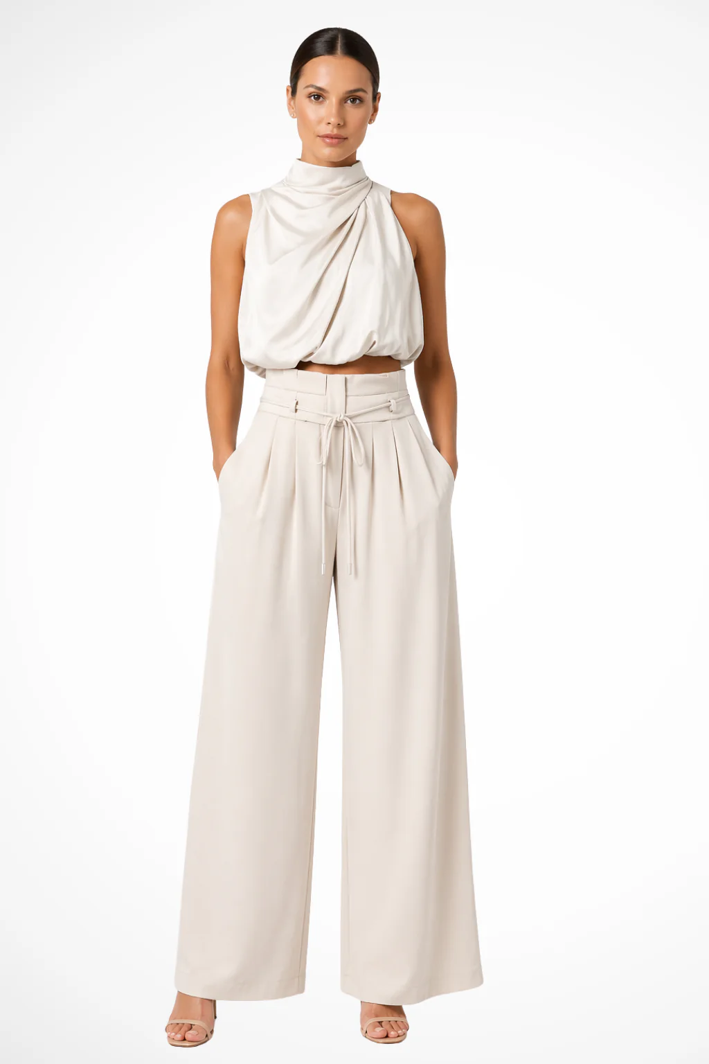 Theodora | Women Halter Neck Crop Top and Wide Leg Trousers Wedding Guest Co Ord Set
