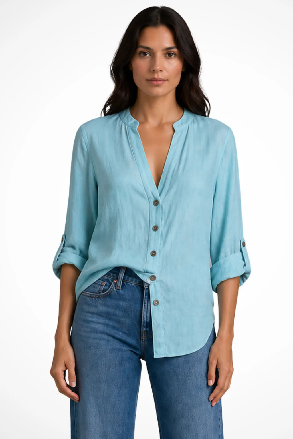 Verity | Women Linen Button Down Shirt with Deep V Neck and Long Sleeve - Image 5