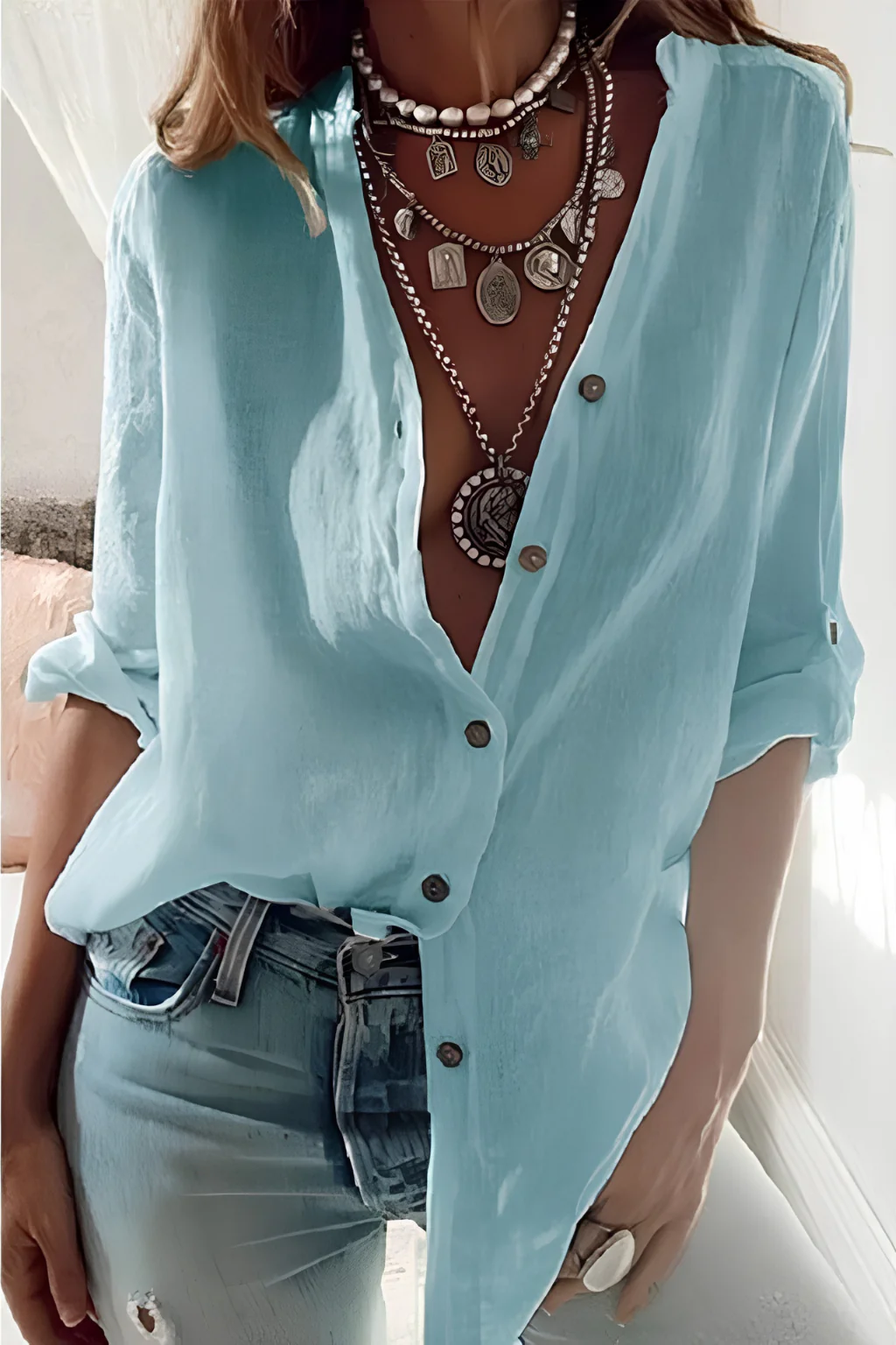 Verity | Women Linen Button Down Shirt with Deep V Neck and Long Sleeve - Image 6