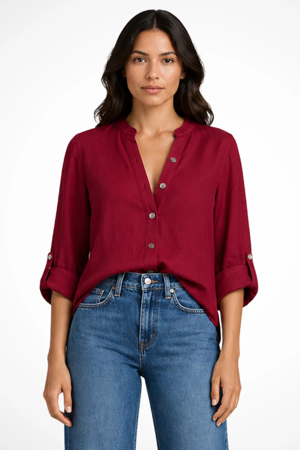 Verity | Women Linen Button Down Shirt with Deep V Neck and Long Sleeve - Image 7