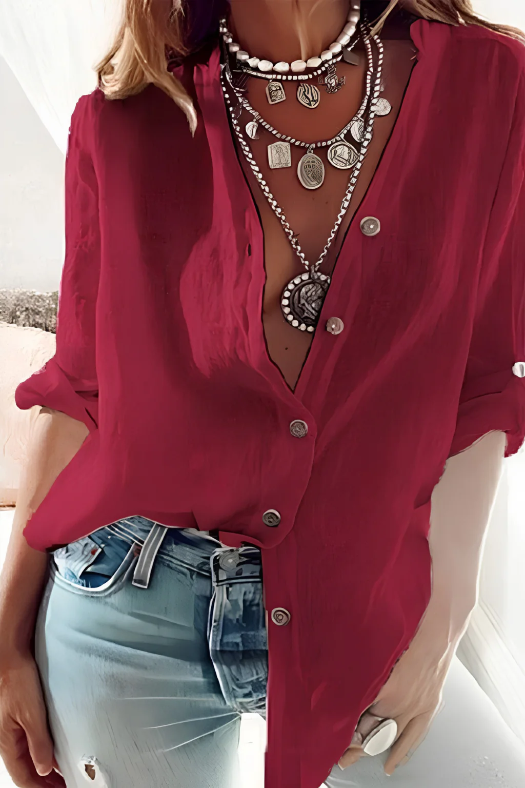 Verity | Women Linen Button Down Shirt with Deep V Neck and Long Sleeve - Image 8