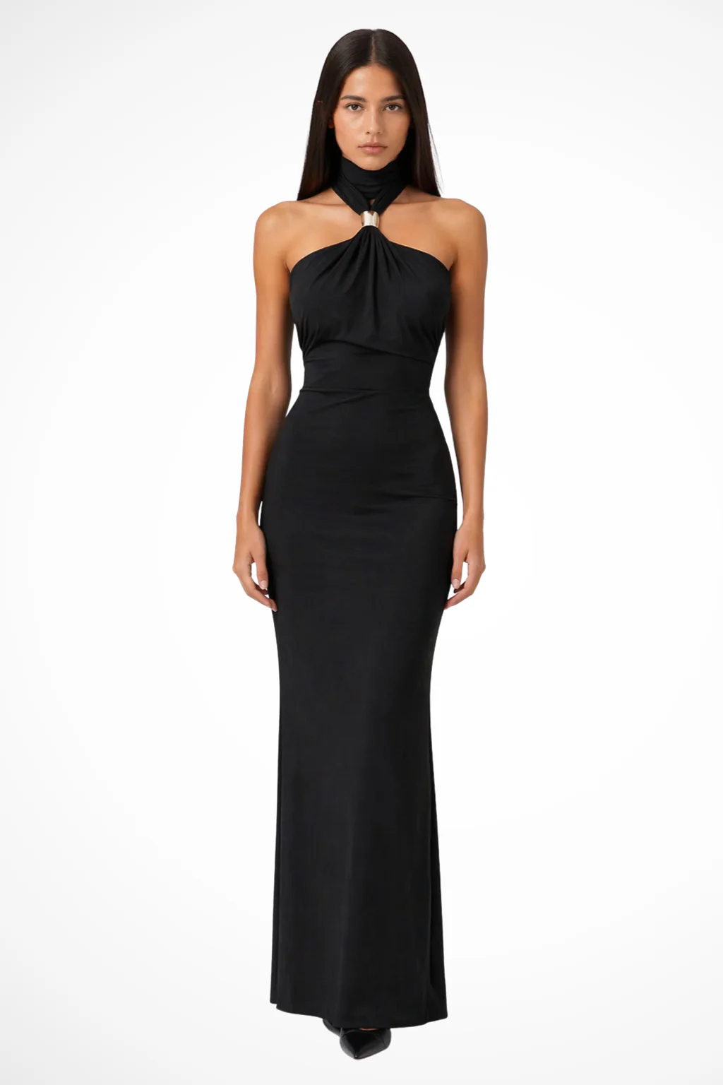 Vivienne | Women Halter Neck Gold Ring Detail Fitted Maxi Dress