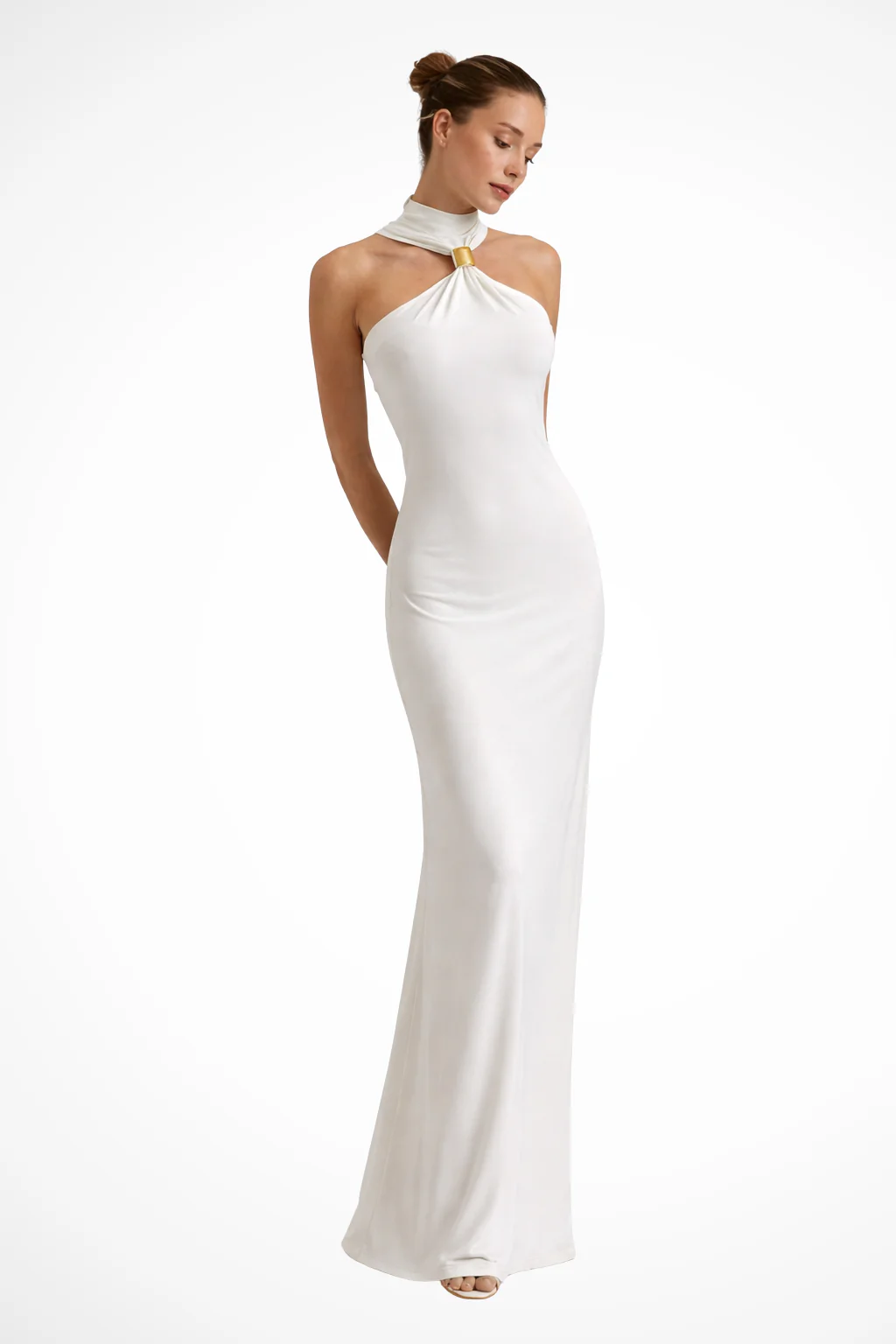 Vivienne | Women Halter Neck Gold Ring Detail Fitted Maxi Dress - Image 3