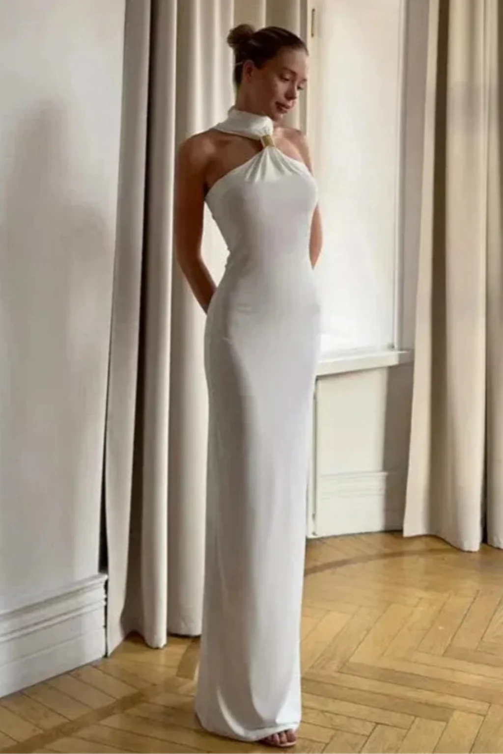 Vivienne | Women Halter Neck Gold Ring Detail Fitted Maxi Dress - Image 5