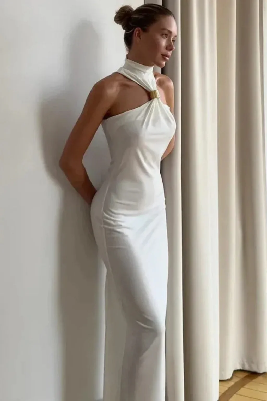 Vivienne | Women Halter Neck Gold Ring Detail Fitted Maxi Dress - Image 7