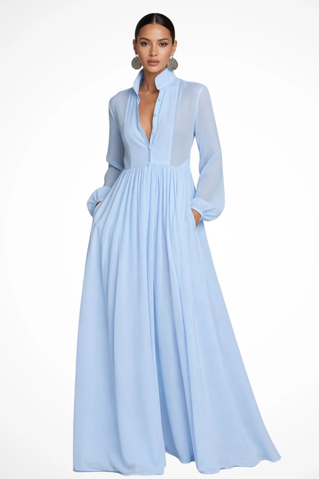 Winifred | Women Long Sleeve Button Front Garden PartyMaxi Dress with Pockets