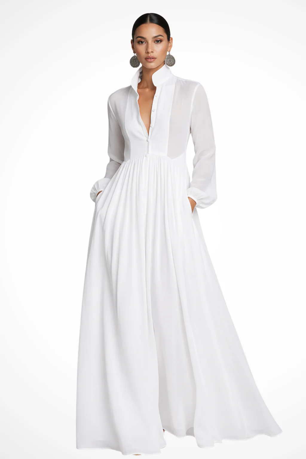 Winifred | Women Long Sleeve Button Front Garden PartyMaxi Dress with Pockets - Image 3