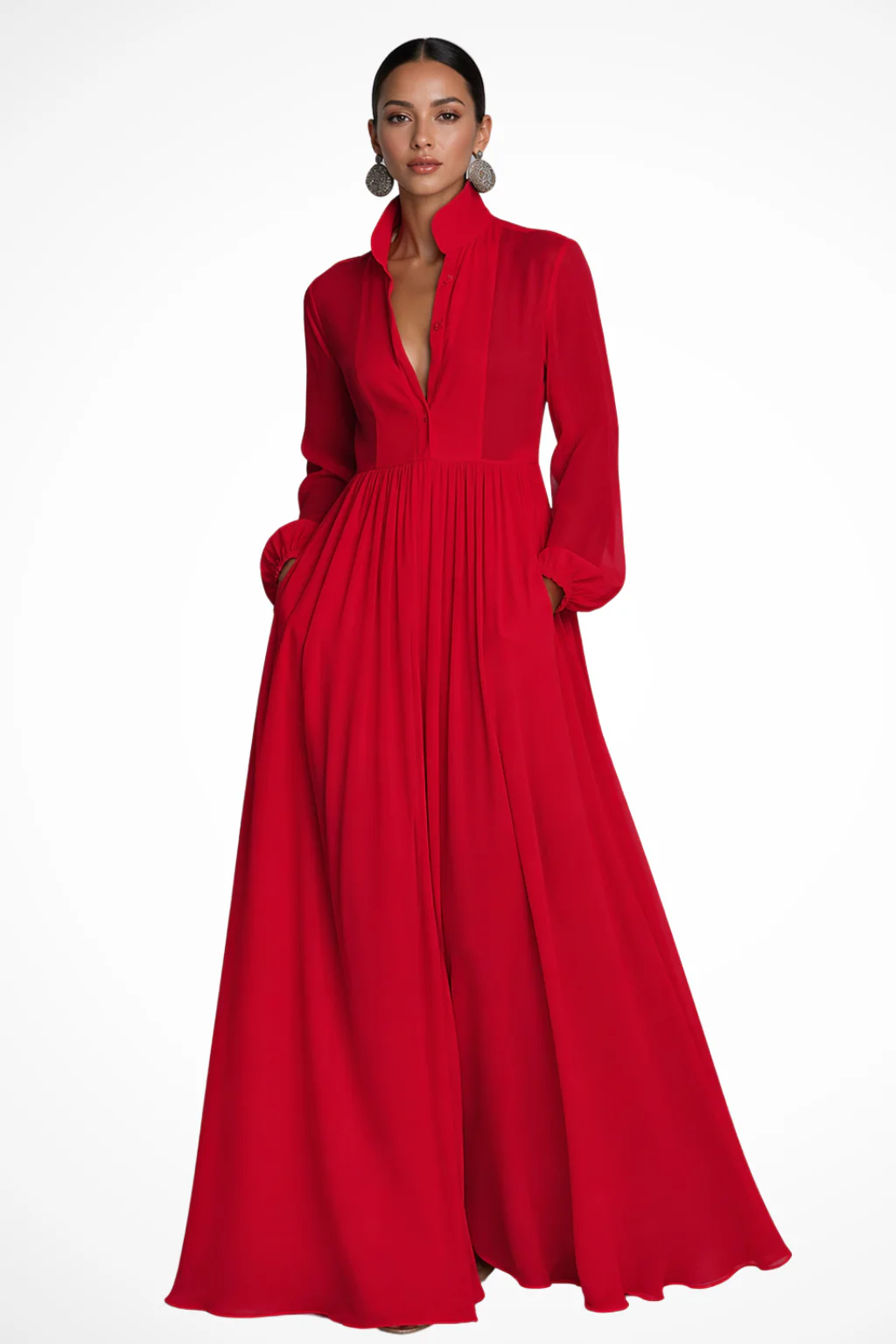Winifred | Women Long Sleeve Button Front Garden PartyMaxi Dress with Pockets - Image 4