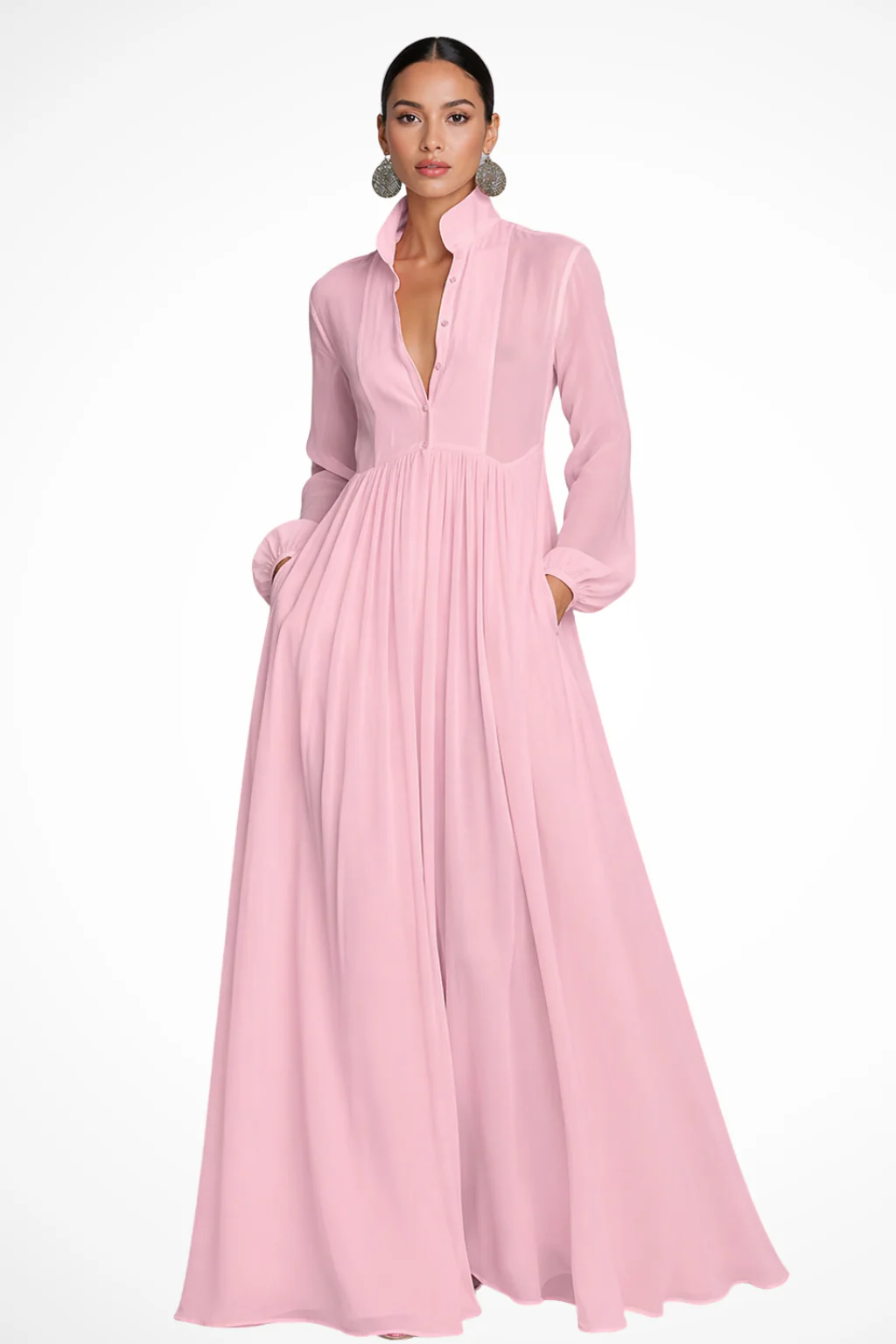 Winifred | Women Long Sleeve Button Front Garden PartyMaxi Dress with Pockets - Image 5
