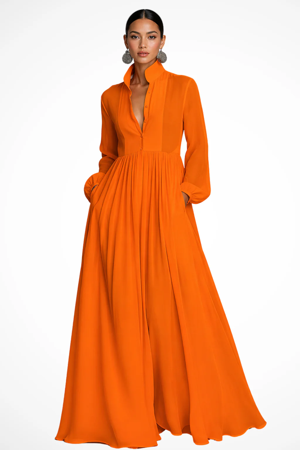 Winifred | Women Long Sleeve Button Front Garden PartyMaxi Dress with Pockets - Image 6