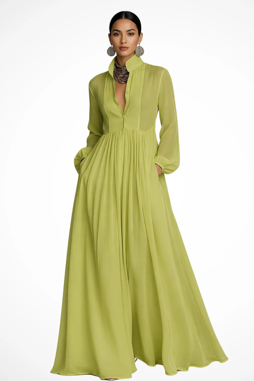Winifred | Women Long Sleeve Button Front Garden PartyMaxi Dress with Pockets - Image 7