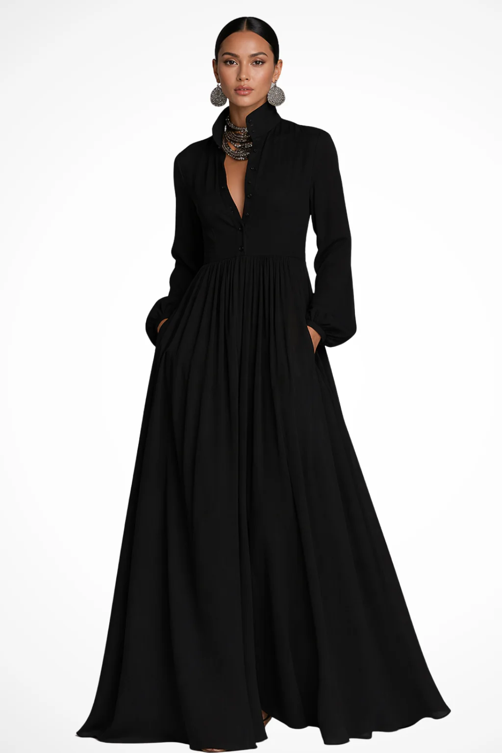 Winifred | Women Long Sleeve Button Front Garden PartyMaxi Dress with Pockets - Image 8