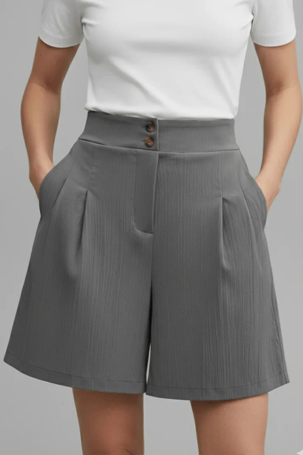 Winnie | Women High Waist Button Front Pleated Tailored Bermuda Shorts - Image 3