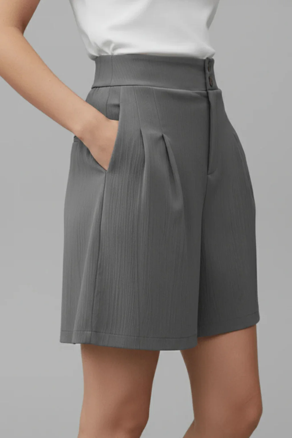 Winnie | Women High Waist Button Front Pleated Tailored Bermuda Shorts - Image 4