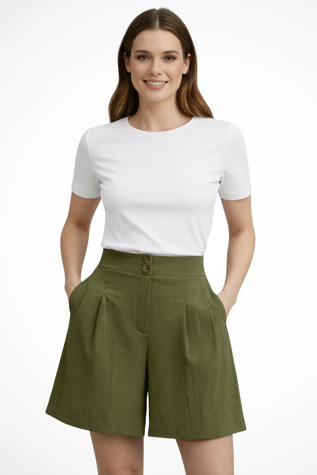 Winnie | Women High Waist Button Front Pleated Tailored Bermuda Shorts - Image 9