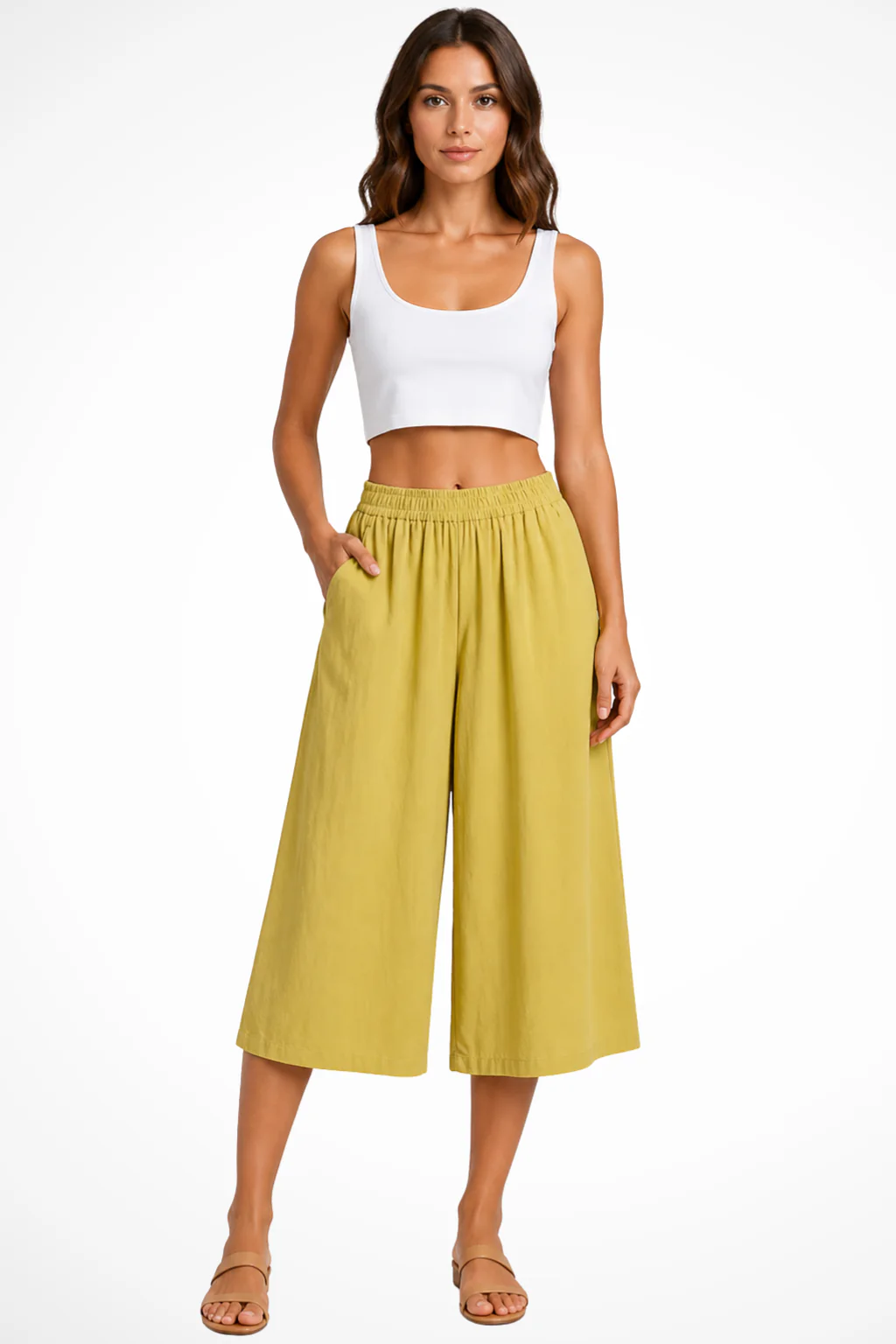 Wrenley | Women High Waist Elasticated Wide Leg Cropped Trousers with Pockets - Image 3