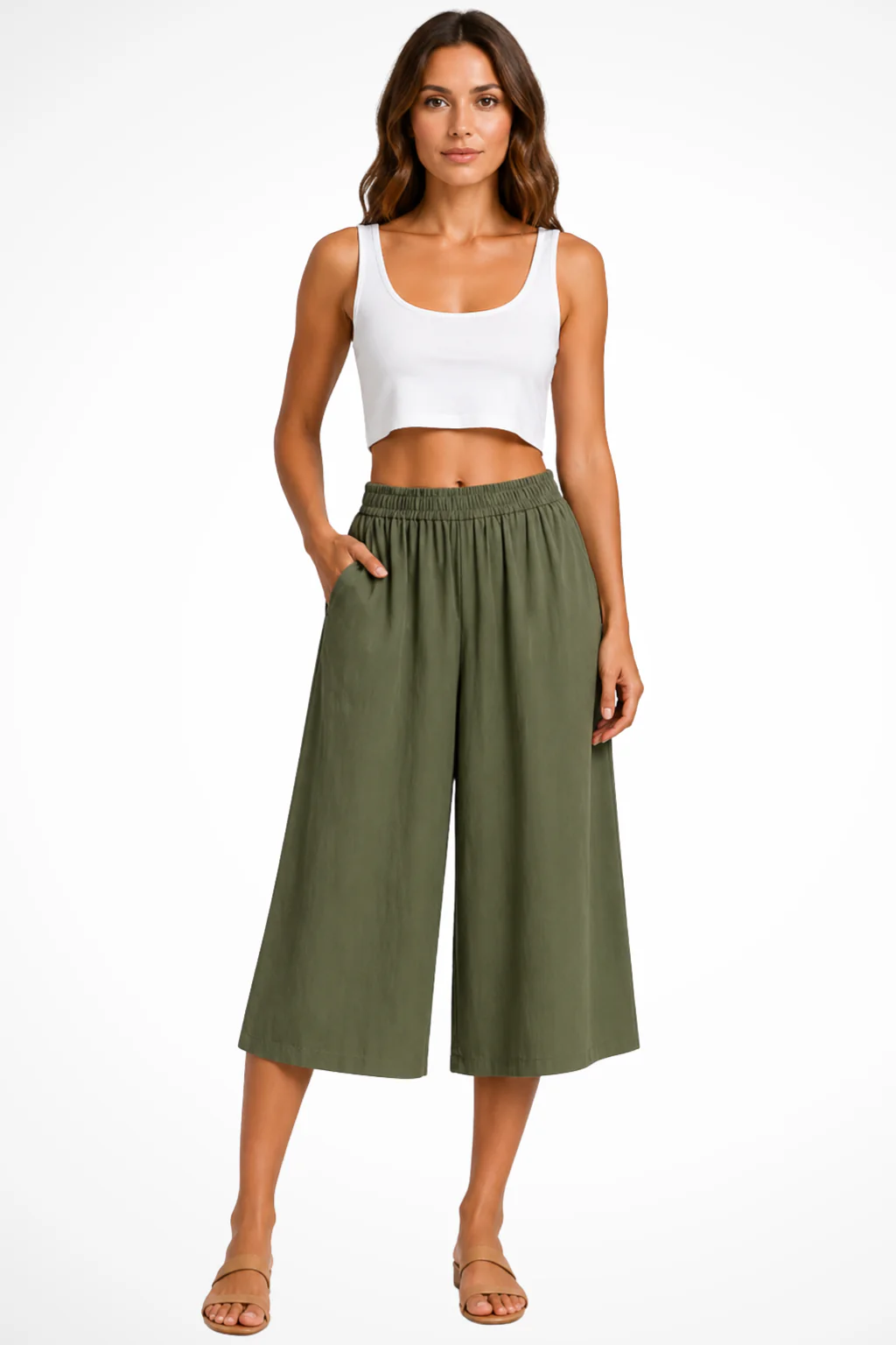 Wrenley | Women High Waist Elasticated Wide Leg Cropped Trousers with Pockets - Image 4