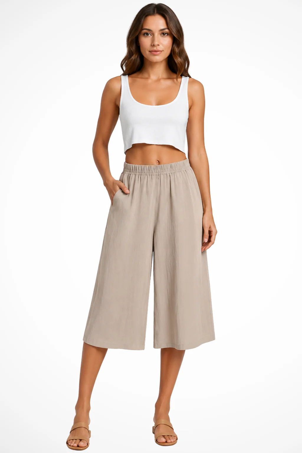Wrenley | Women High Waist Elasticated Wide Leg Cropped Trousers with Pockets - Image 5