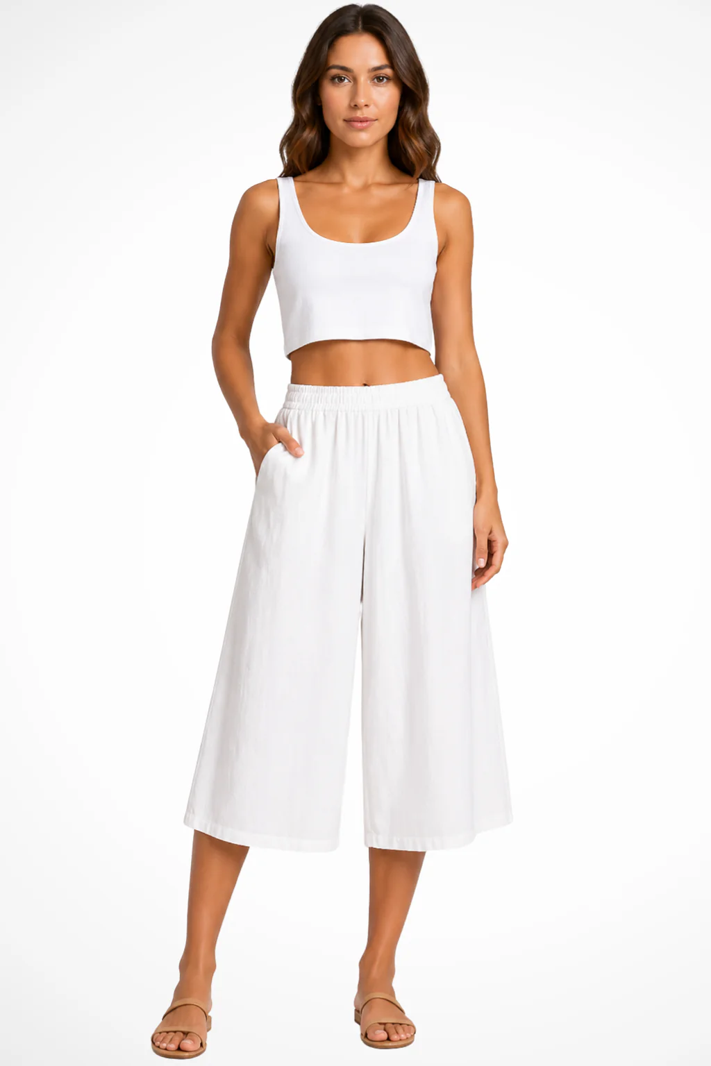 Wrenley | Women High Waist Elasticated Wide Leg Cropped Trousers with Pockets - Image 6